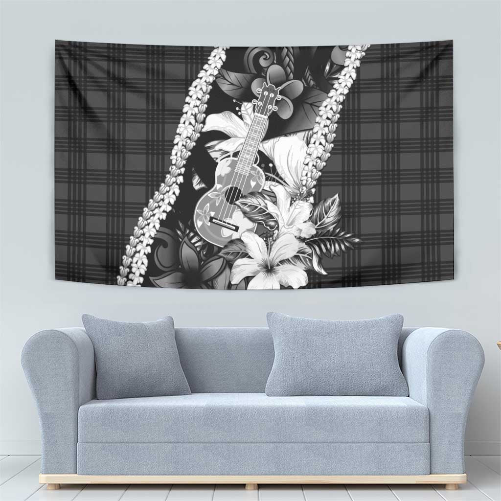 Hawaii Ukulele Tapestry Tropical Flowers With Palaka Effect Black Version - Polynesian Pride