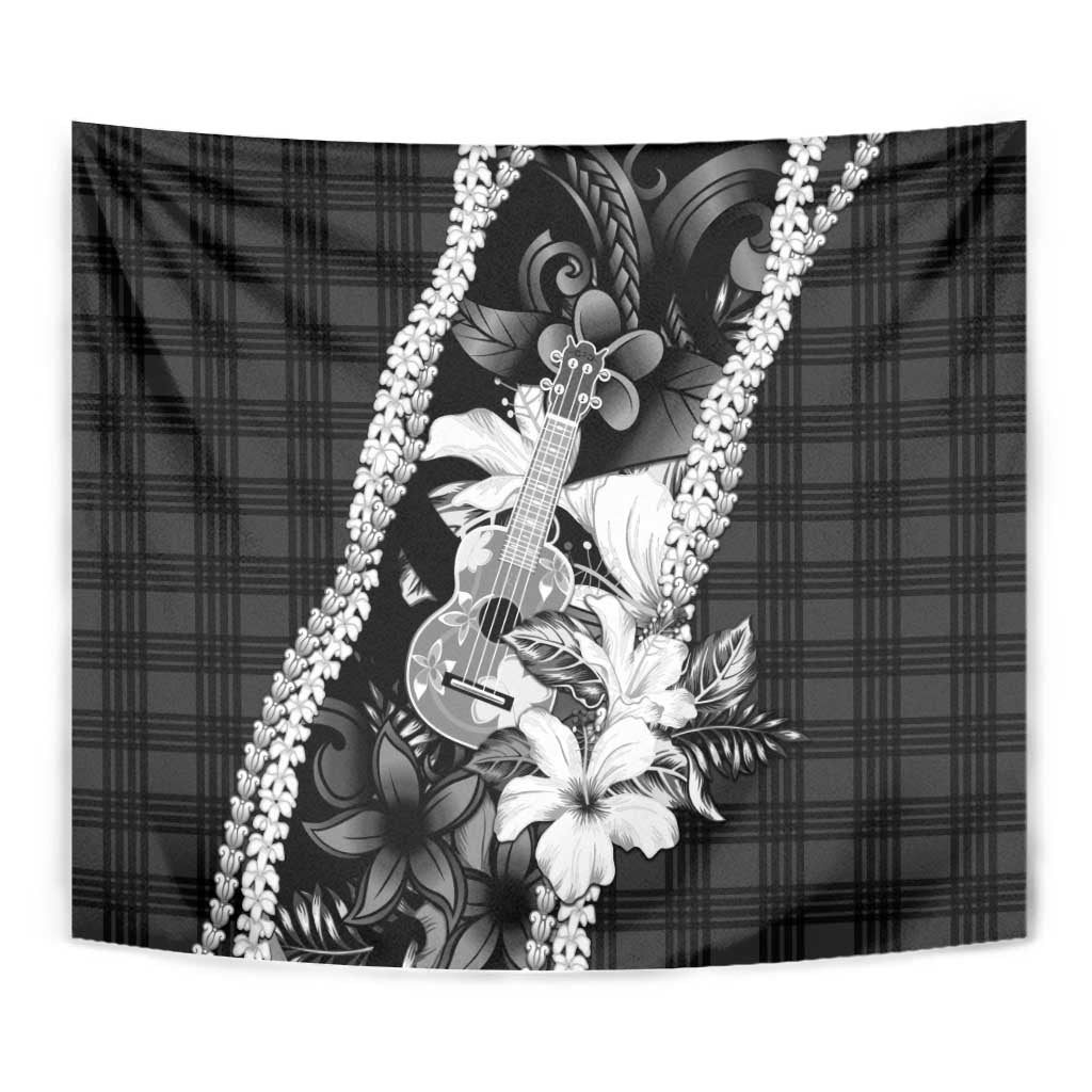 Hawaii Ukulele Tapestry Tropical Flowers With Palaka Effect Black Version - Polynesian Pride