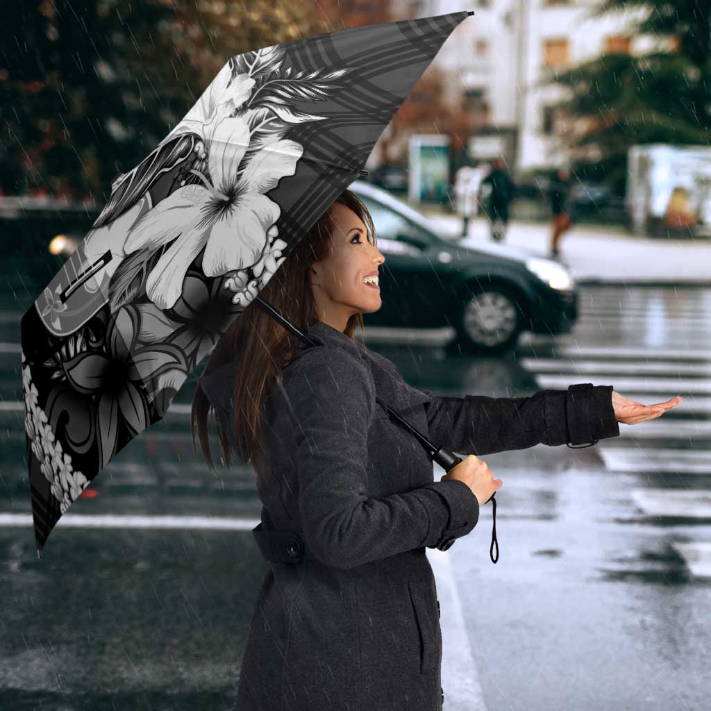 Hawaii Ukulele Umbrella Tropical Flowers With Palaka Effect Black Version - Polynesian Pride