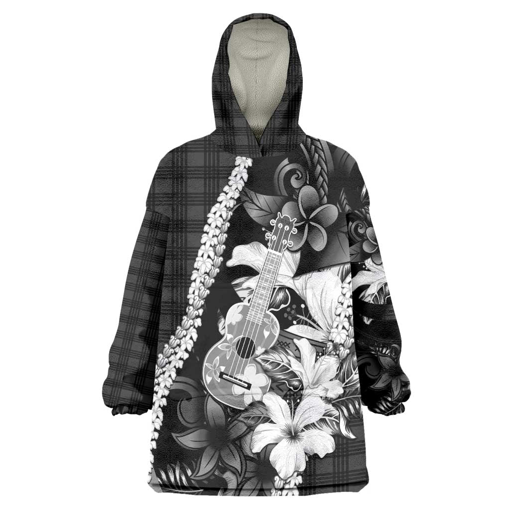 Hawaii Ukulele Wearable Blanket Hoodie Tropical Flowers With Palaka Effect Black Version - Polynesian Pride