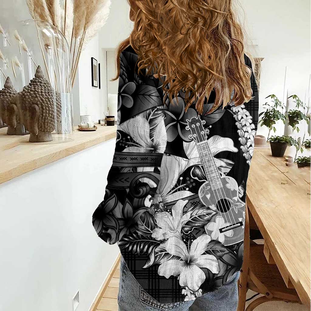 Hawaii Ukulele Women Casual Shirt Tropical Flowers With Palaka Effect Black Version - Polynesian Pride