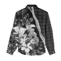 Hawaii Ukulele Women Casual Shirt Tropical Flowers With Palaka Effect Black Version - Polynesian Pride