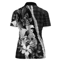 Hawaii Ukulele Women Polo Shirt Tropical Flowers With Palaka Effect Black Version - Polynesian Pride
