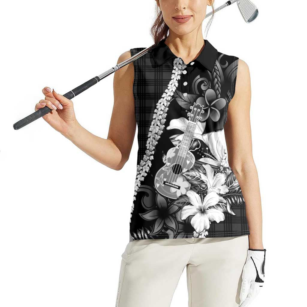 Hawaii Ukulele Women Sleeveless Polo Shirt Tropical Flowers With Palaka Effect Black Version - Polynesian Pride