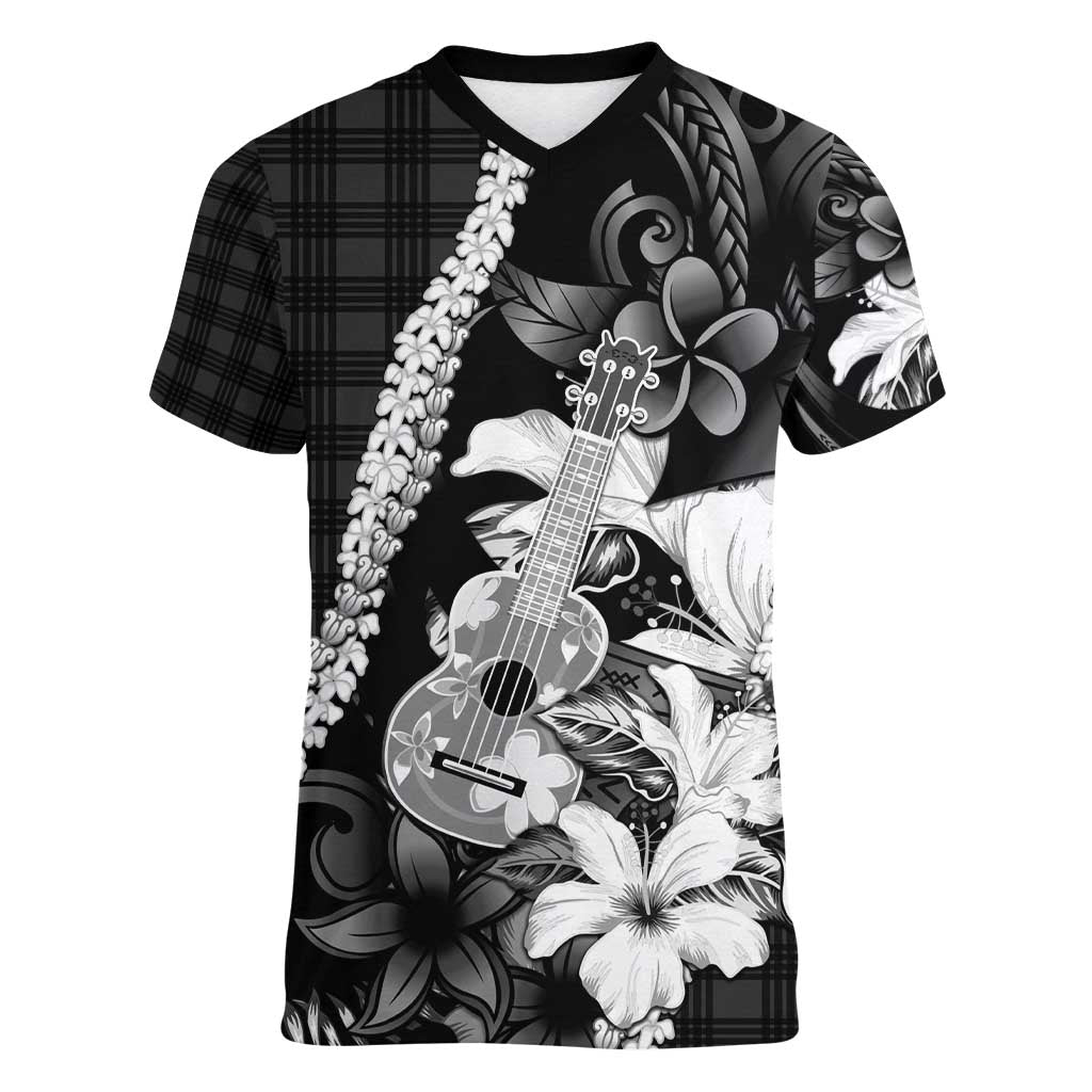 Hawaii Ukulele Women V-Neck T-Shirt Tropical Flowers With Palaka Effect Black Version - Polynesian Pride