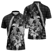 Hawaii Ukulele Zipper Polo Shirt Tropical Flowers With Palaka Effect Black Version - Polynesian Pride