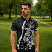 Hawaii Ukulele Zipper Polo Shirt Tropical Flowers With Palaka Effect Black Version - Polynesian Pride