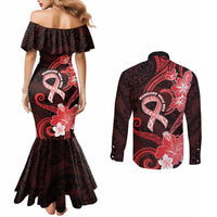 Heart Health Awareness Couples Matching Mermaid Dress and Long Sleeve Button Shirt Warrior Wears Red Polynesian Style
