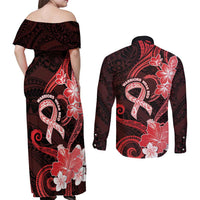 Heart Health Awareness Couples Matching Off Shoulder Maxi Dress and Long Sleeve Button Shirt Warrior Wears Red Polynesian Style