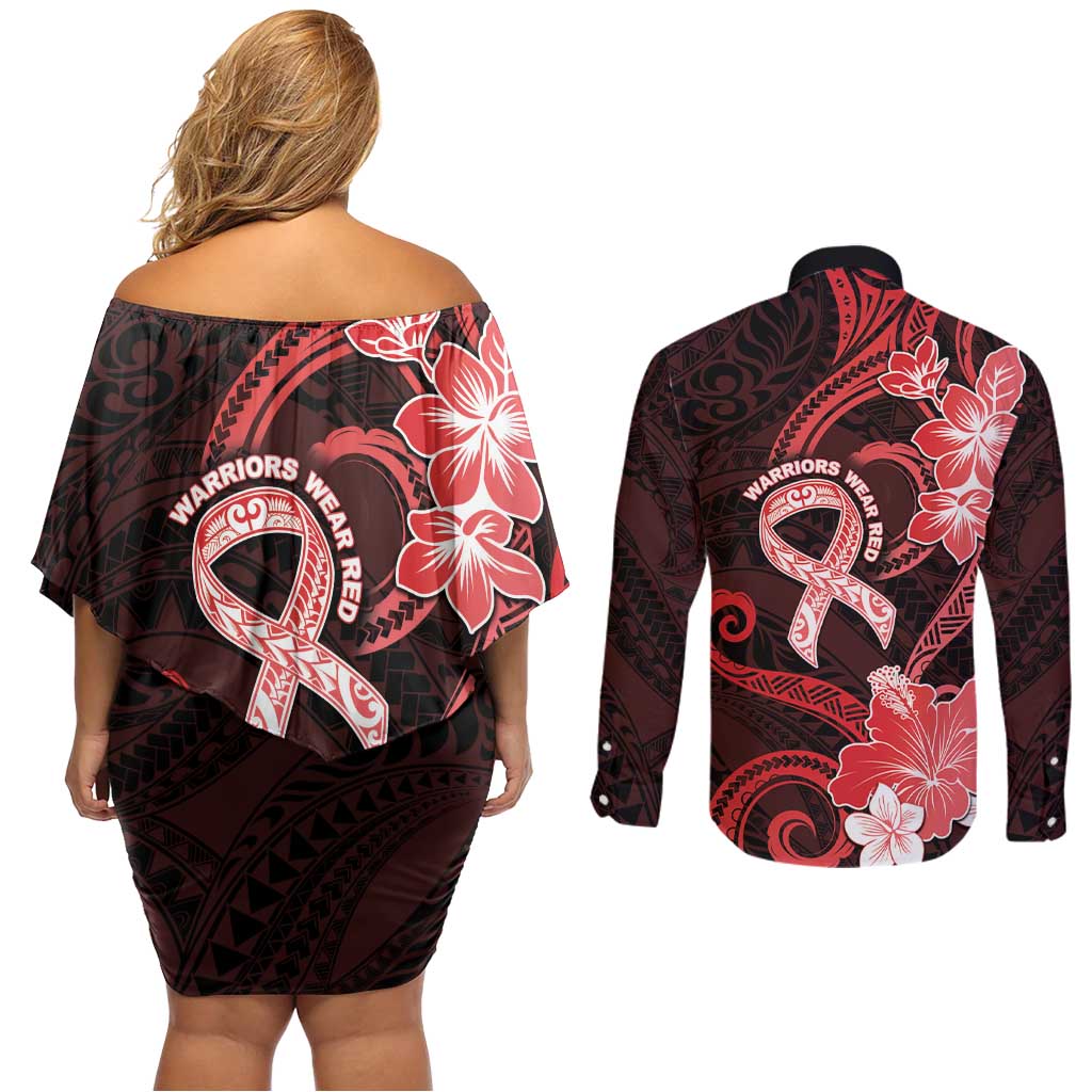 Heart Health Awareness Couples Matching Off Shoulder Short Dress and Long Sleeve Button Shirt Warrior Wears Red Polynesian Style