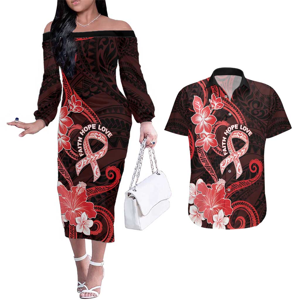Heart Health Awareness Couples Matching Off The Shoulder Long Sleeve Dress and Hawaiian Shirt Warrior Wears Red Polynesian Style