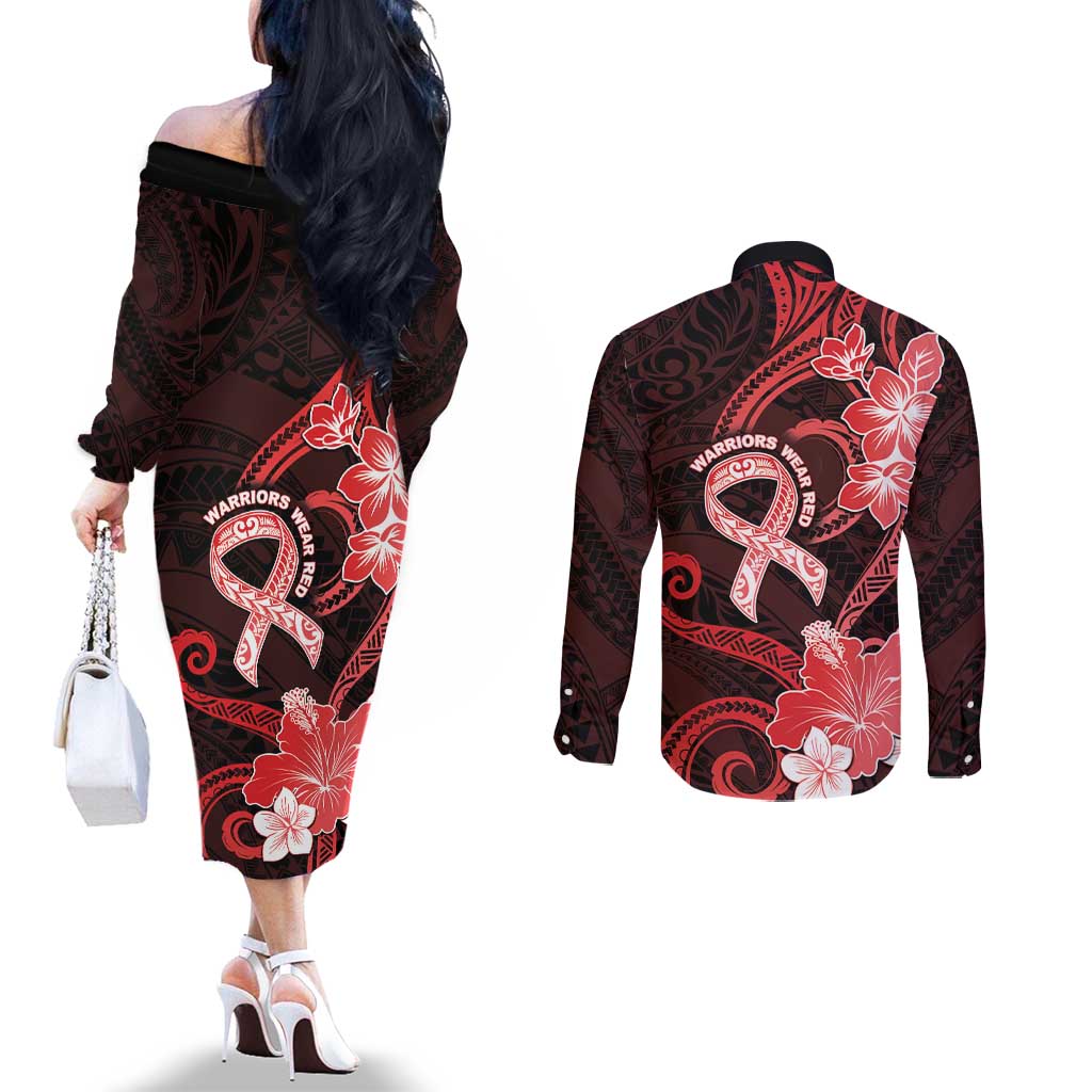 Heart Health Awareness Couples Matching Off The Shoulder Long Sleeve Dress and Long Sleeve Button Shirt Warrior Wears Red Polynesian Style