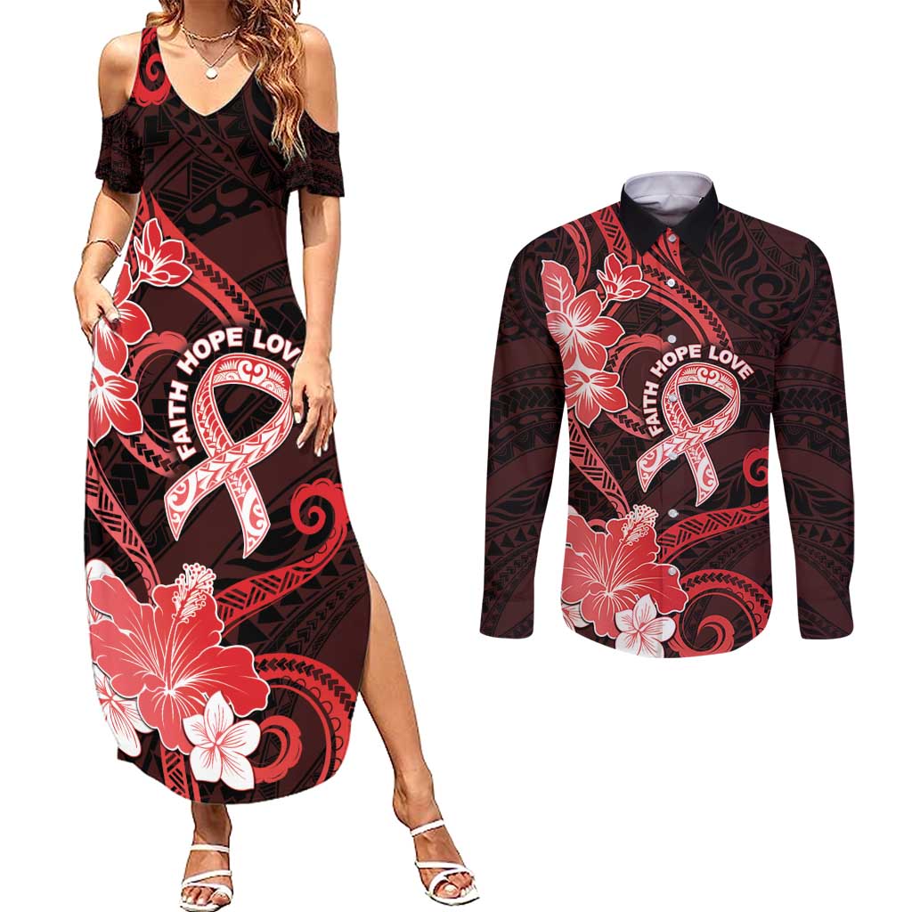 Heart Health Awareness Couples Matching Summer Maxi Dress and Long Sleeve Button Shirt Warrior Wears Red Polynesian Style