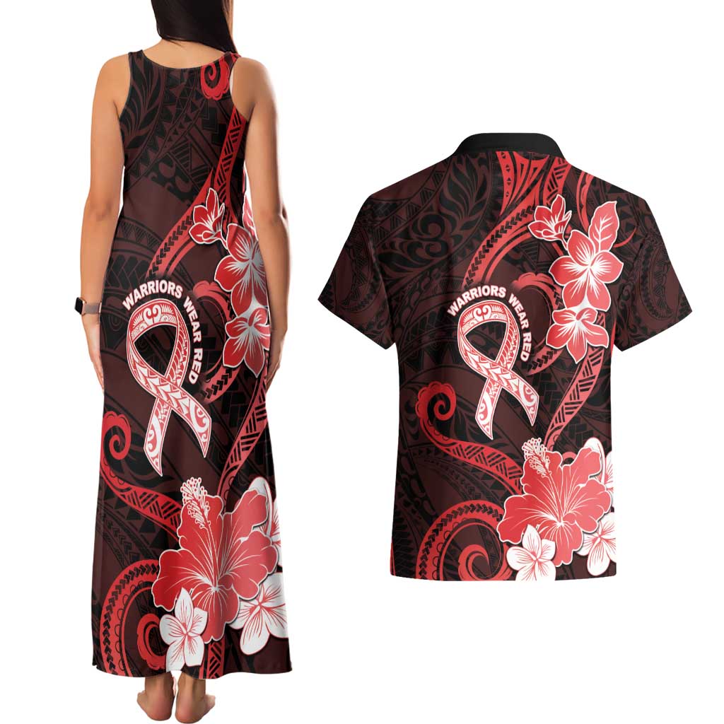 Heart Health Awareness Couples Matching Tank Maxi Dress and Hawaiian Shirt Warrior Wears Red Polynesian Style