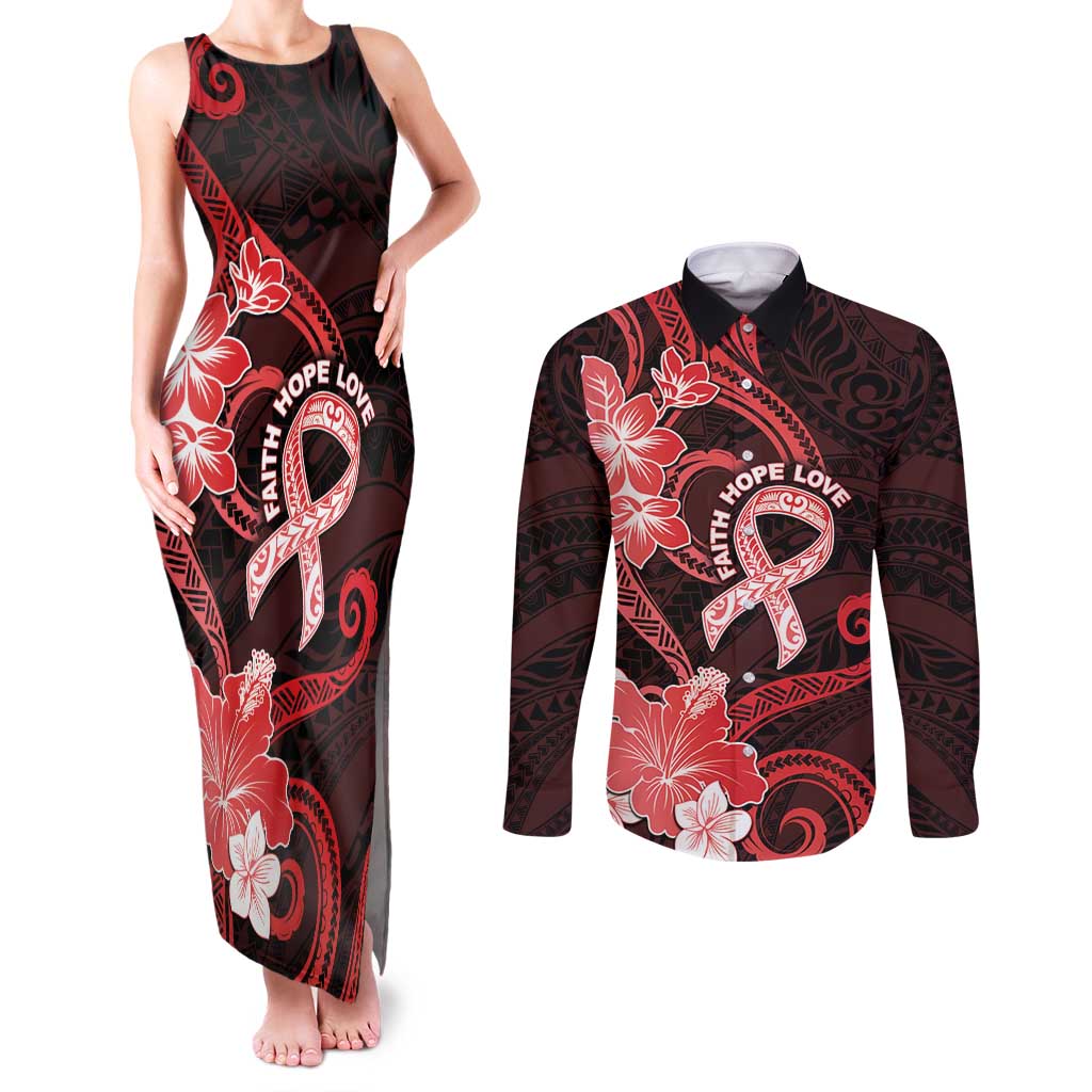 Heart Health Awareness Couples Matching Tank Maxi Dress and Long Sleeve Button Shirt Warrior Wears Red Polynesian Style