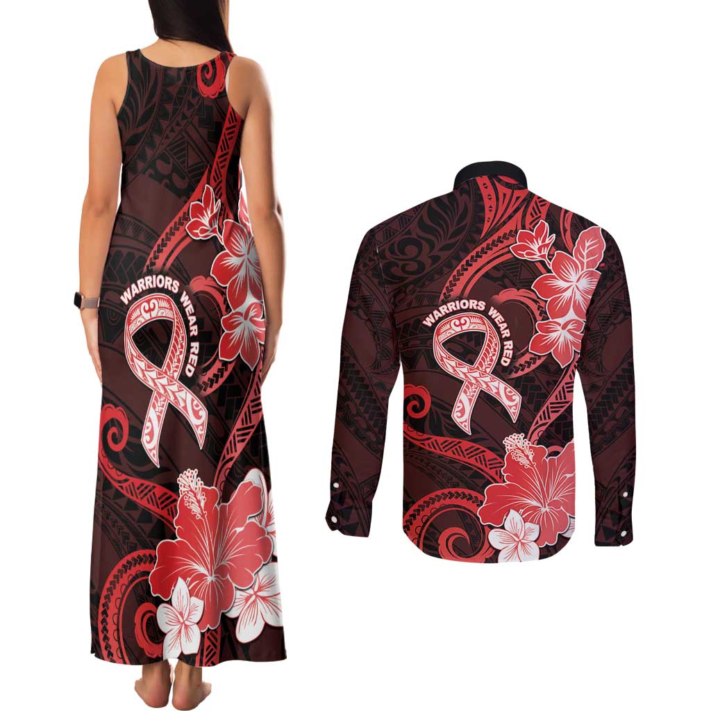 Heart Health Awareness Couples Matching Tank Maxi Dress and Long Sleeve Button Shirt Warrior Wears Red Polynesian Style