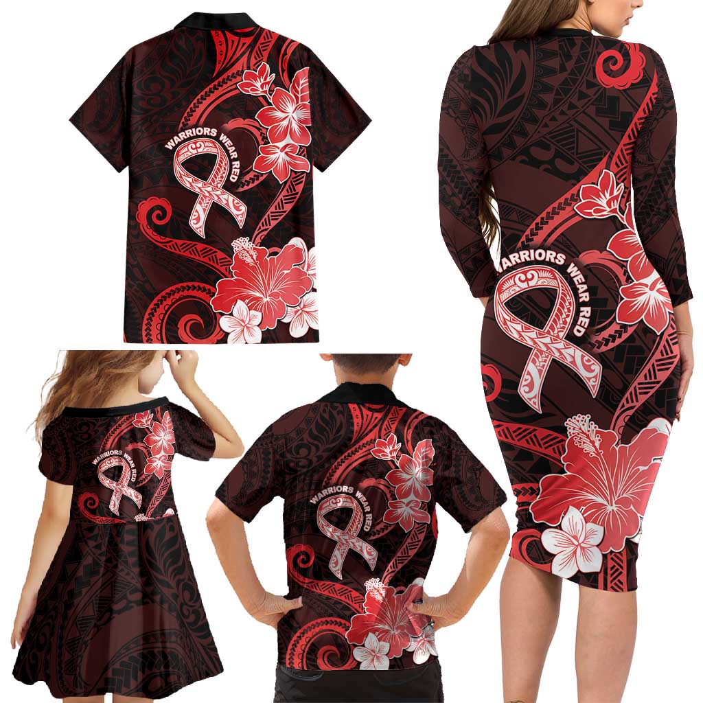 Heart Health Awareness Family Matching Long Sleeve Bodycon Dress and Hawaiian Shirt Warrior Wears Red Polynesian Style
