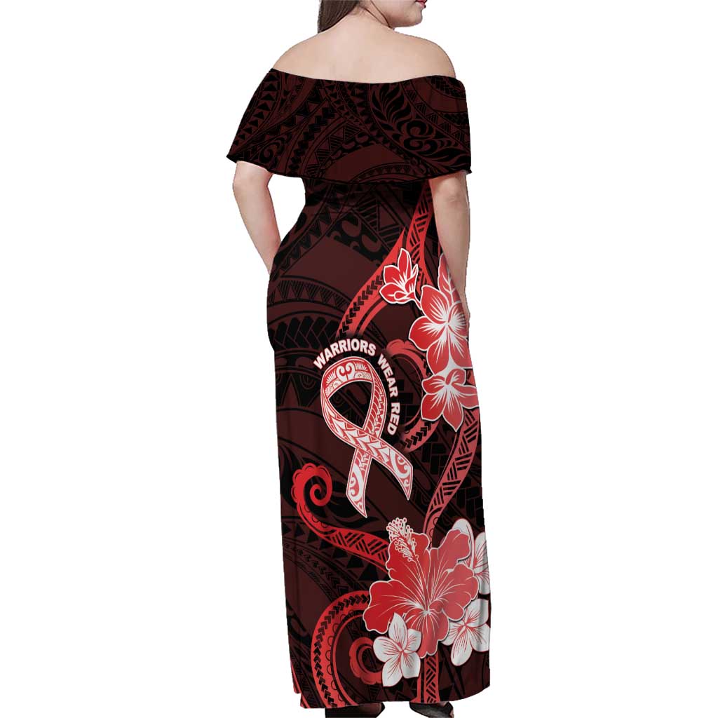 Heart Health Awareness Family Matching Off Shoulder Maxi Dress and Hawaiian Shirt Warrior Wears Red Polynesian Style