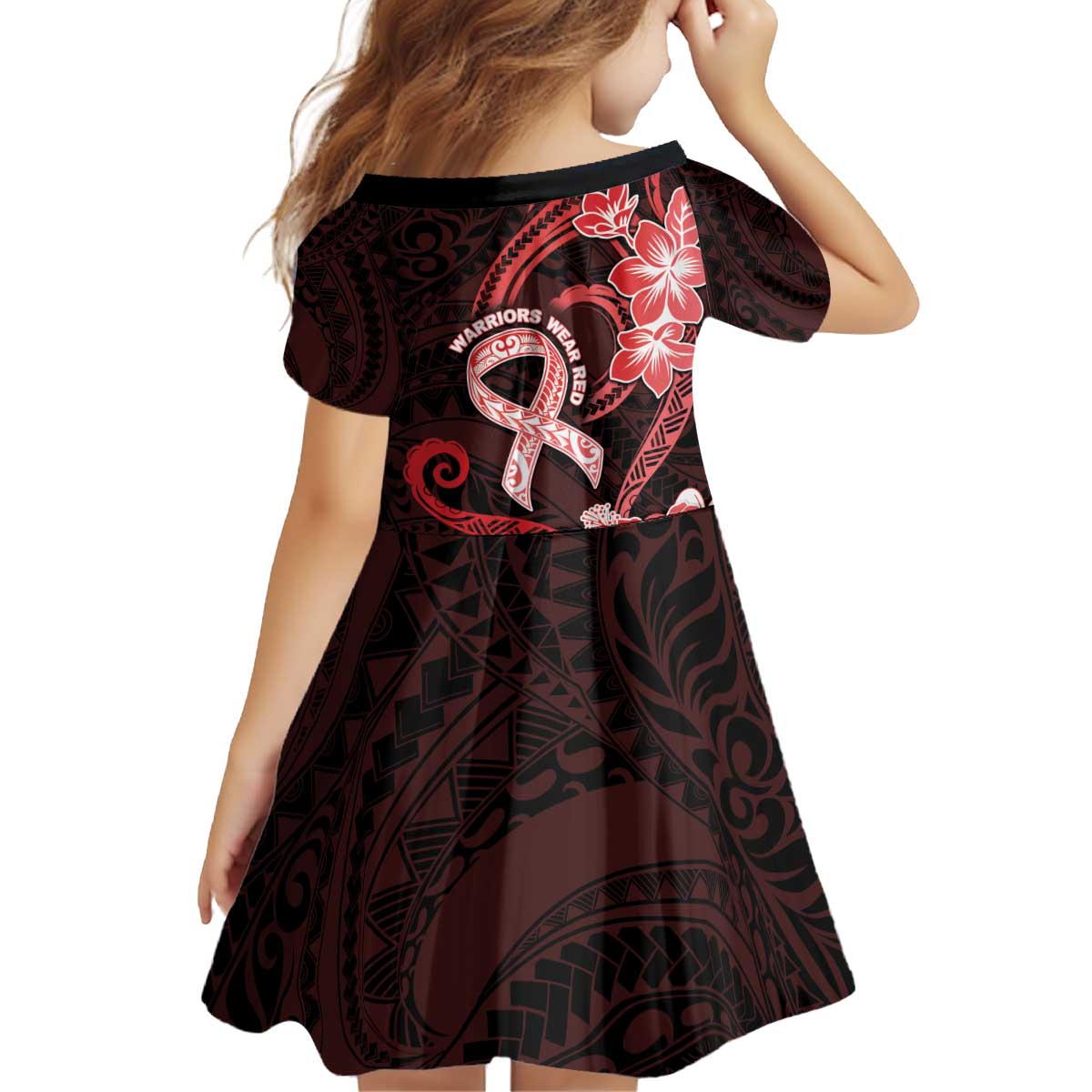 Heart Health Awareness Kid Short Sleeve Dress Warrior Wears Red Polynesian Style