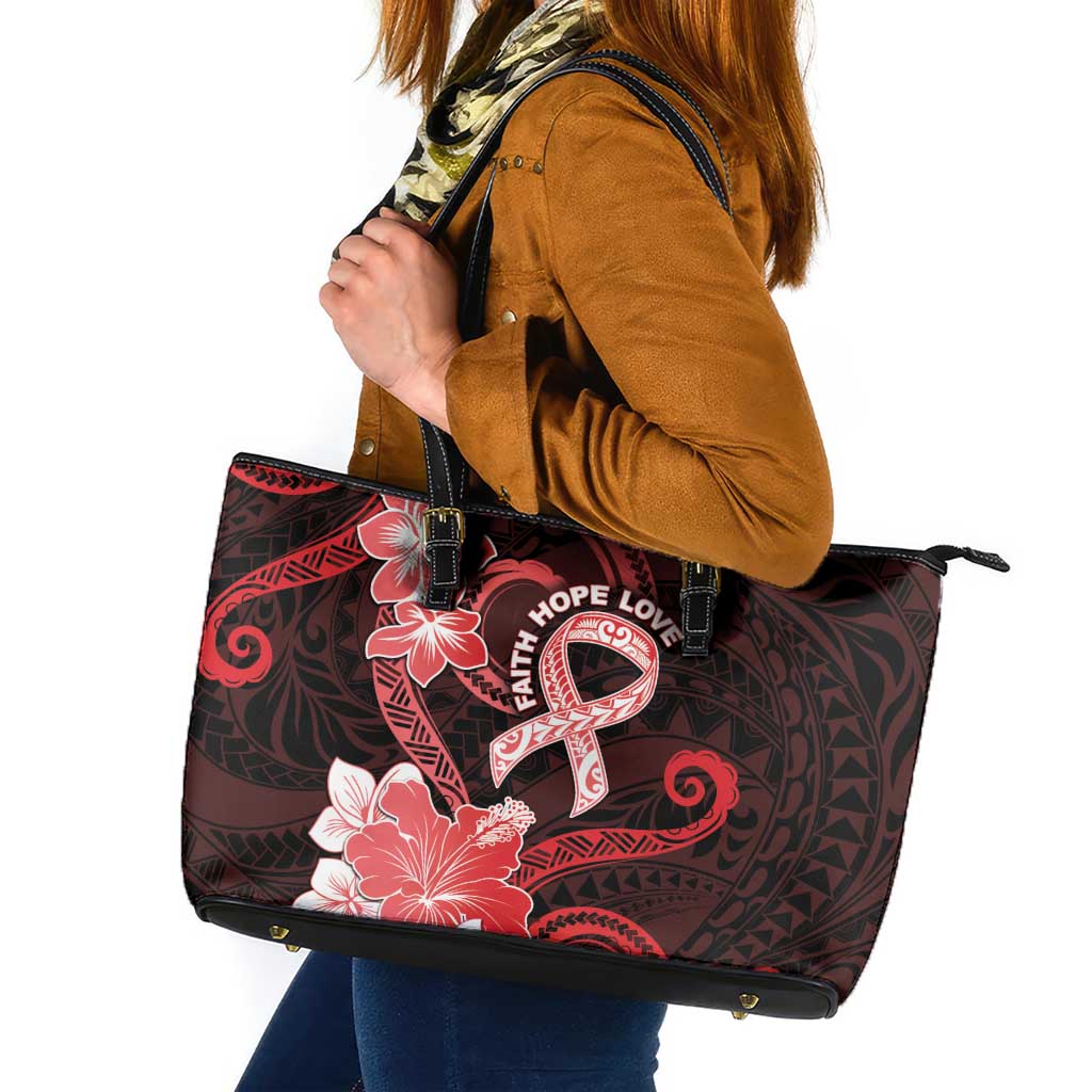 Heart Health Awareness Leather Tote Bag Warrior Wears Red Polynesian Style