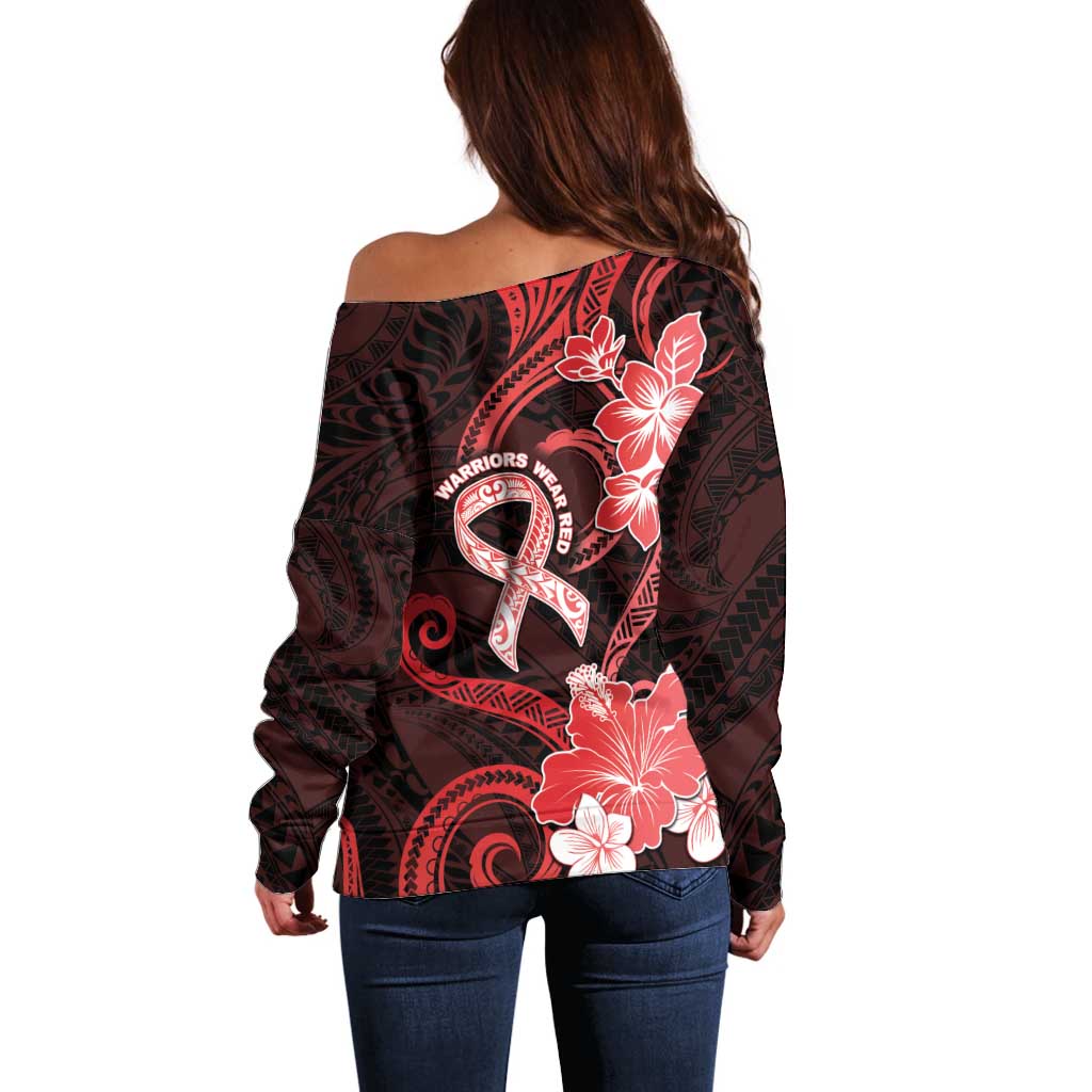 Heart Health Awareness Off Shoulder Sweater Warrior Wears Red Polynesian Style
