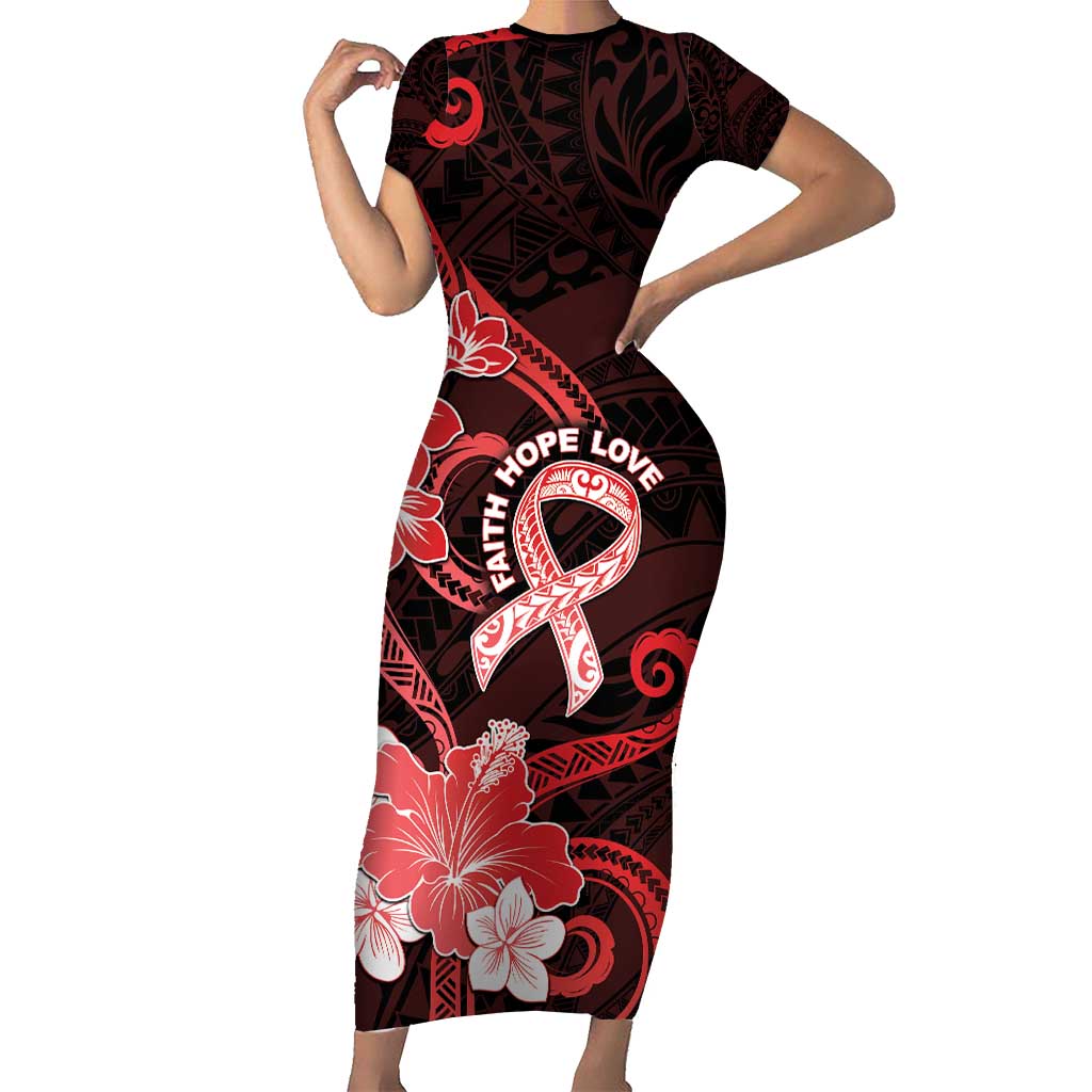 Heart Health Awareness Short Sleeve Bodycon Dress Warrior Wears Red Polynesian Style