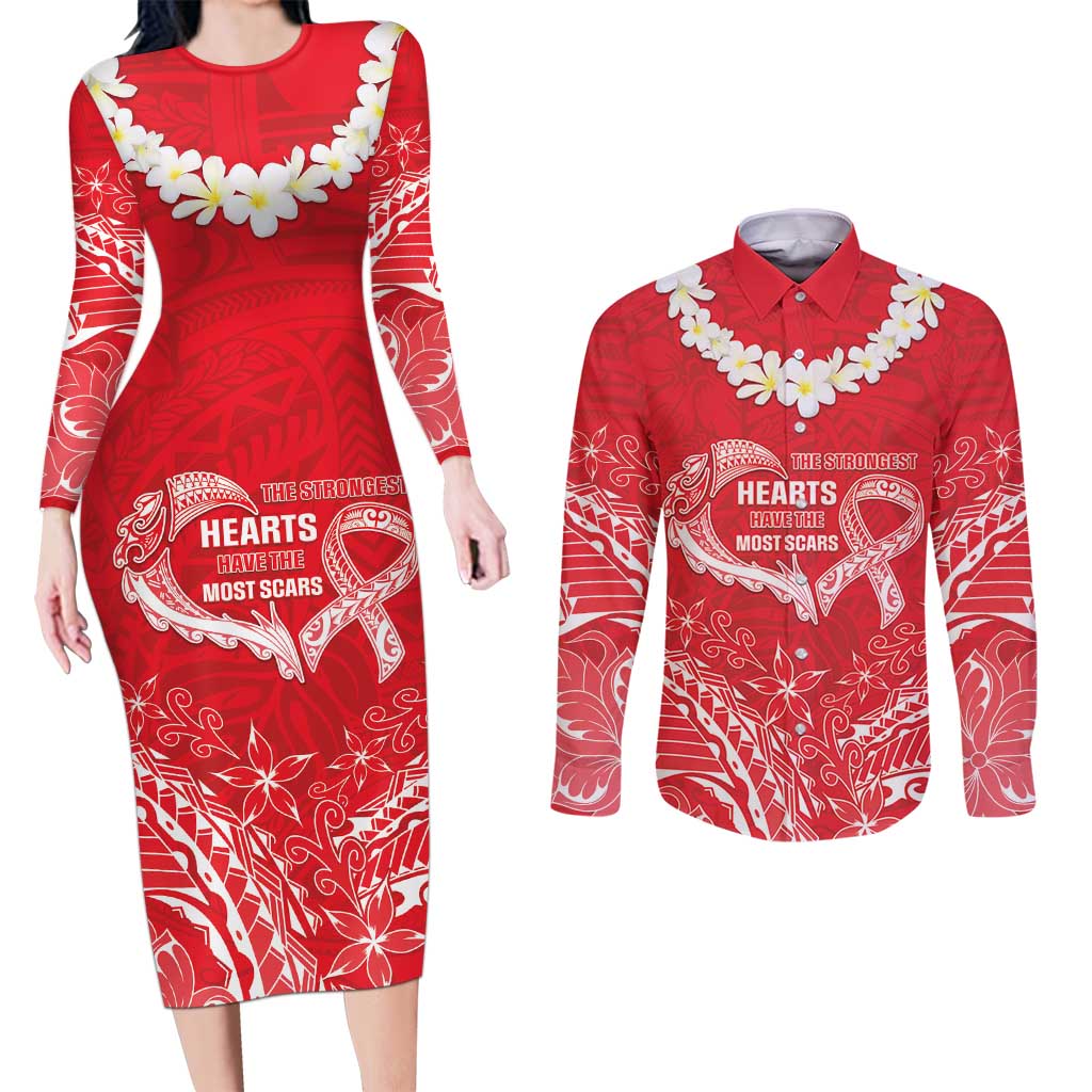 Heart Health Awareness Couples Matching Long Sleeve Bodycon Dress and Long Sleeve Button Shirt Polynesian Red Ribbon