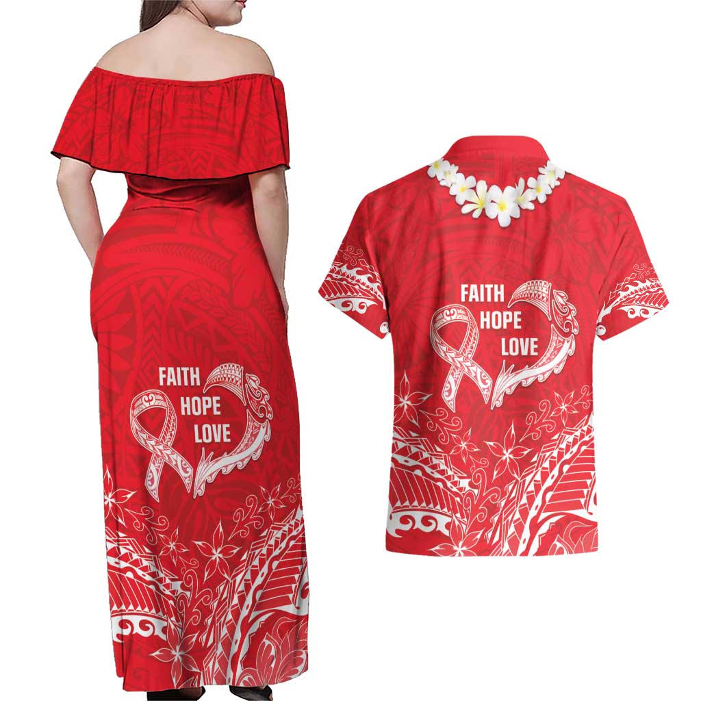 Heart Health Awareness Couples Matching Off Shoulder Maxi Dress and Hawaiian Shirt Polynesian Red Ribbon