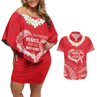 Heart Health Awareness Couples Matching Off Shoulder Short Dress and Hawaiian Shirt Polynesian Red Ribbon