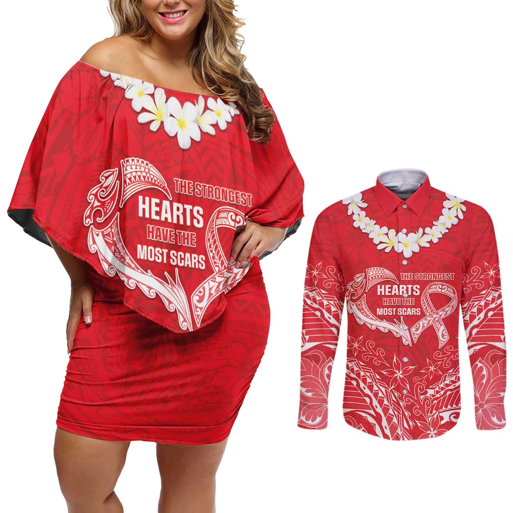 Heart Health Awareness Couples Matching Off Shoulder Short Dress and Long Sleeve Button Shirt Polynesian Red Ribbon