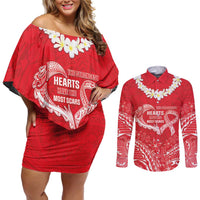 Heart Health Awareness Couples Matching Off Shoulder Short Dress and Long Sleeve Button Shirt Polynesian Red Ribbon