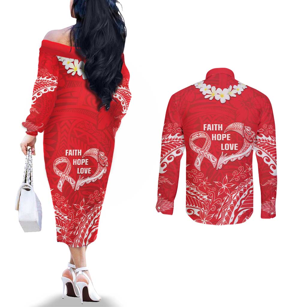 Heart Health Awareness Couples Matching Off The Shoulder Long Sleeve Dress and Long Sleeve Button Shirt Polynesian Red Ribbon