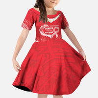 Heart Health Awareness Family Matching Off The Shoulder Long Sleeve Dress and Hawaiian Shirt Polynesian Red Ribbon