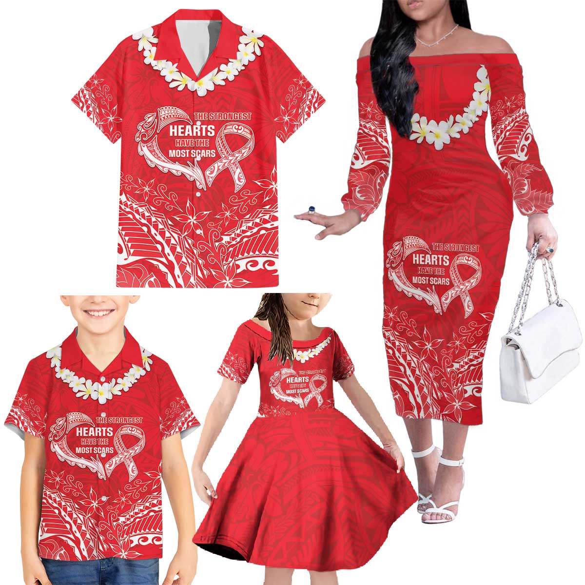 Heart Health Awareness Family Matching Off The Shoulder Long Sleeve Dress and Hawaiian Shirt Polynesian Red Ribbon