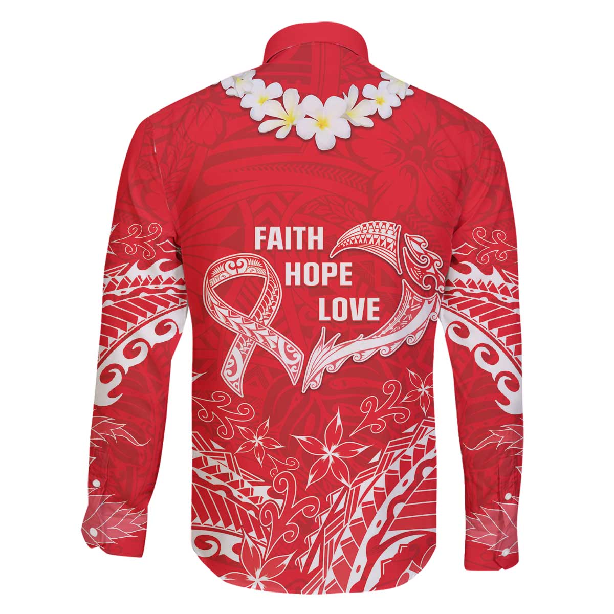 Heart Health Awareness Family Matching Off The Shoulder Long Sleeve Dress and Hawaiian Shirt Polynesian Red Ribbon