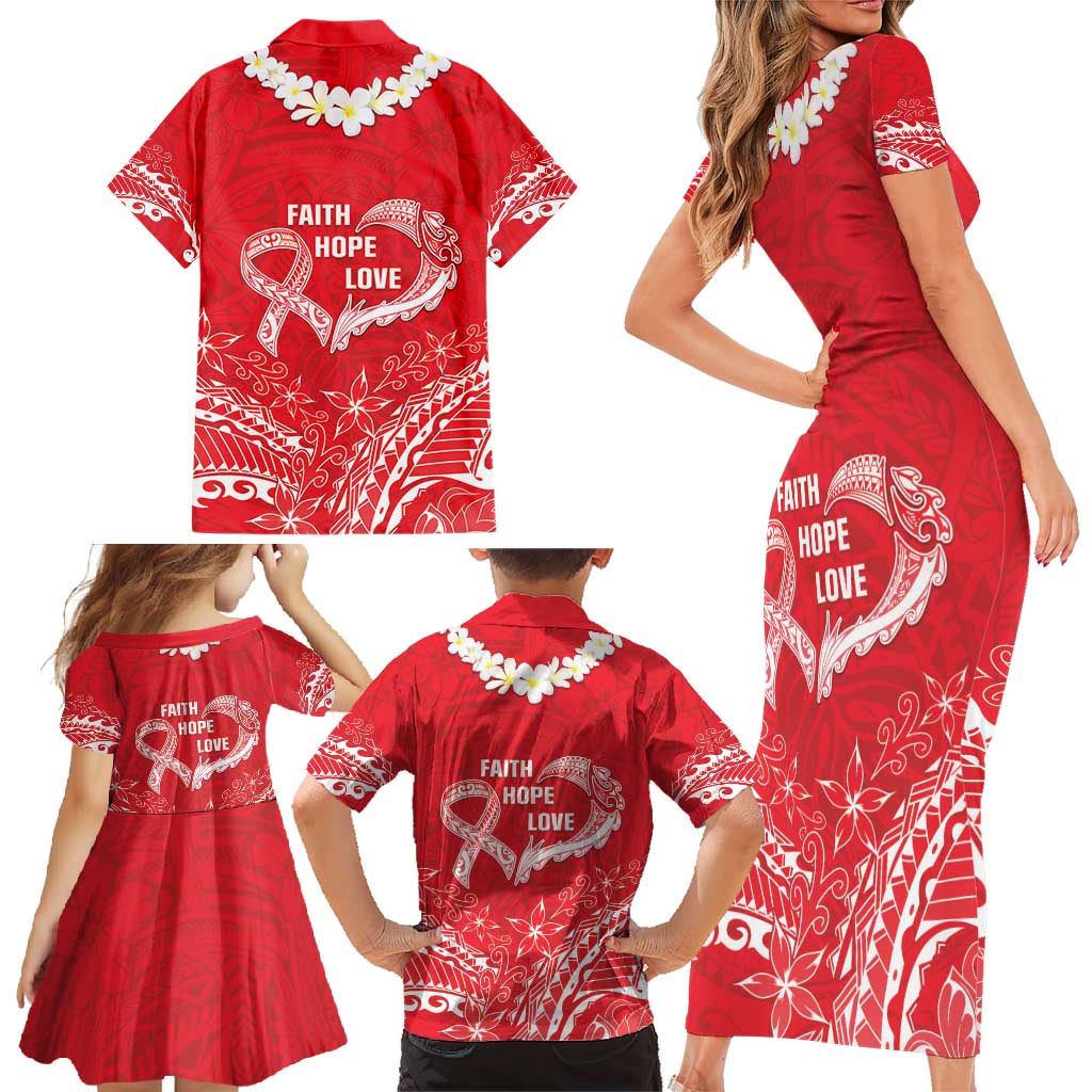 Heart Health Awareness Family Matching Short Sleeve Bodycon Dress and Hawaiian Shirt Polynesian Red Ribbon