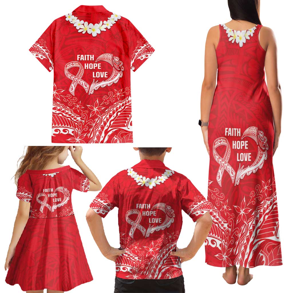 Heart Health Awareness Family Matching Tank Maxi Dress and Hawaiian Shirt Polynesian Red Ribbon