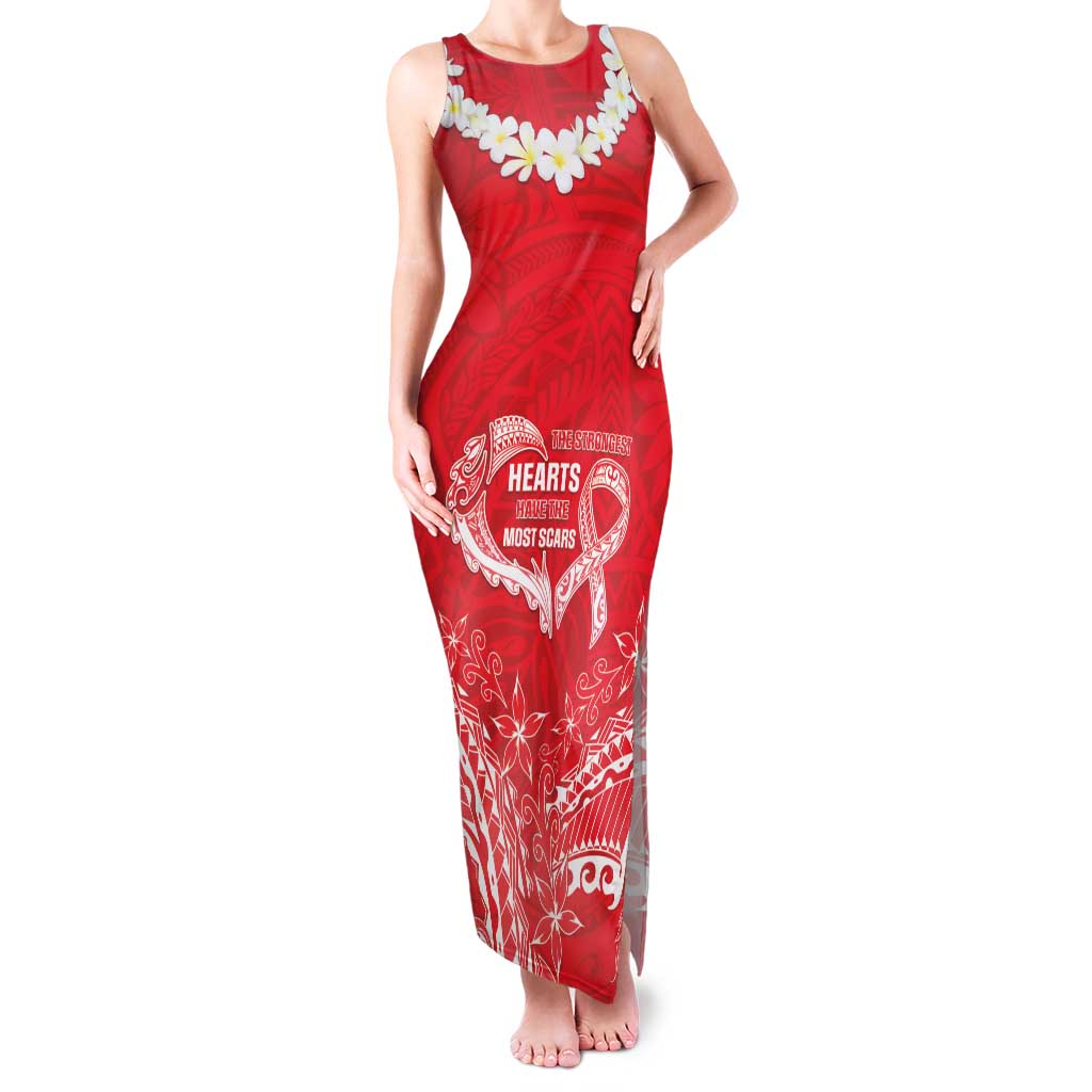 Heart Health Awareness Family Matching Tank Maxi Dress and Hawaiian Shirt Polynesian Red Ribbon