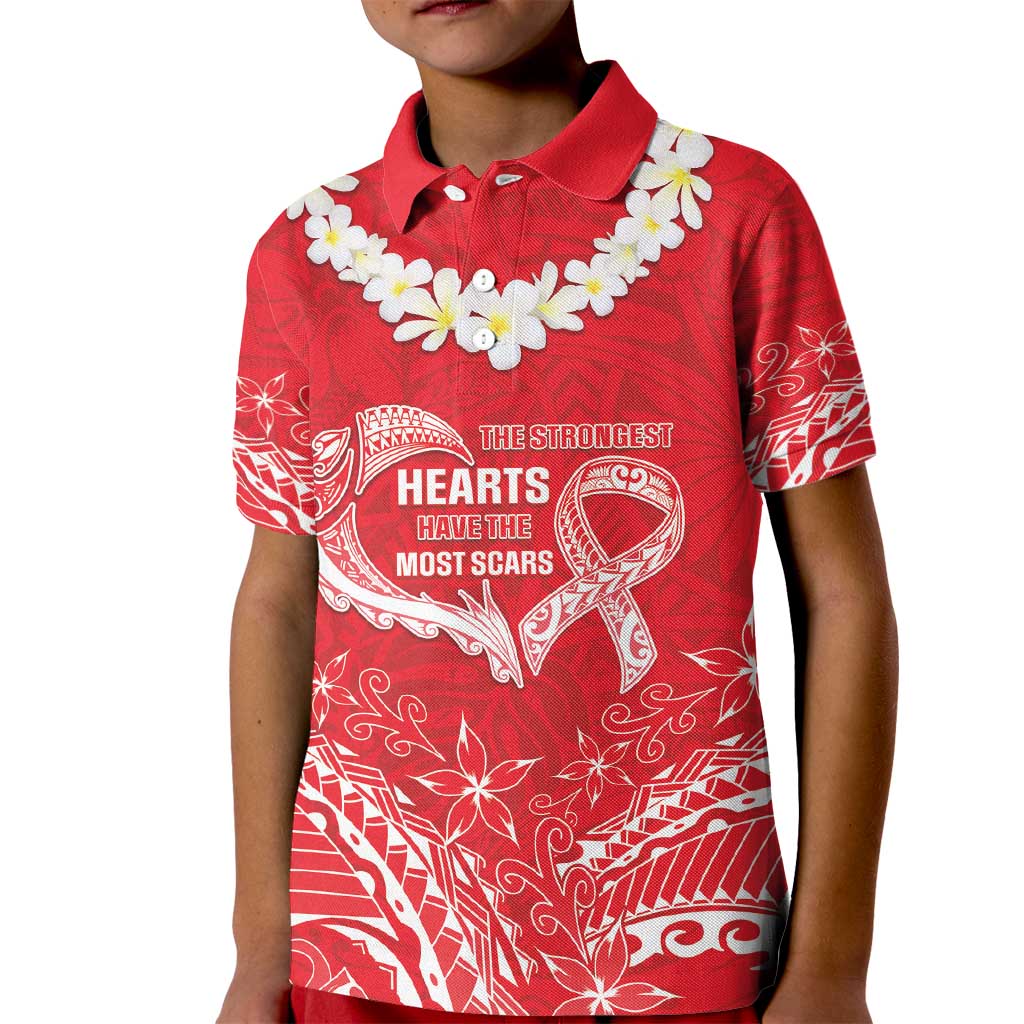 Heart Health Awareness Kid Polo Shirt Polynesian Red Ribbon