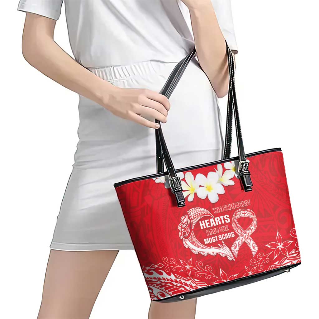 Heart Health Awareness Leather Tote Bag Polynesian Red Ribbon