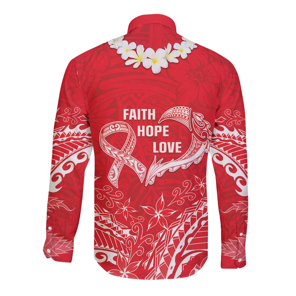 Heart Health Awareness Long Sleeve Button Shirt Polynesian Red Ribbon