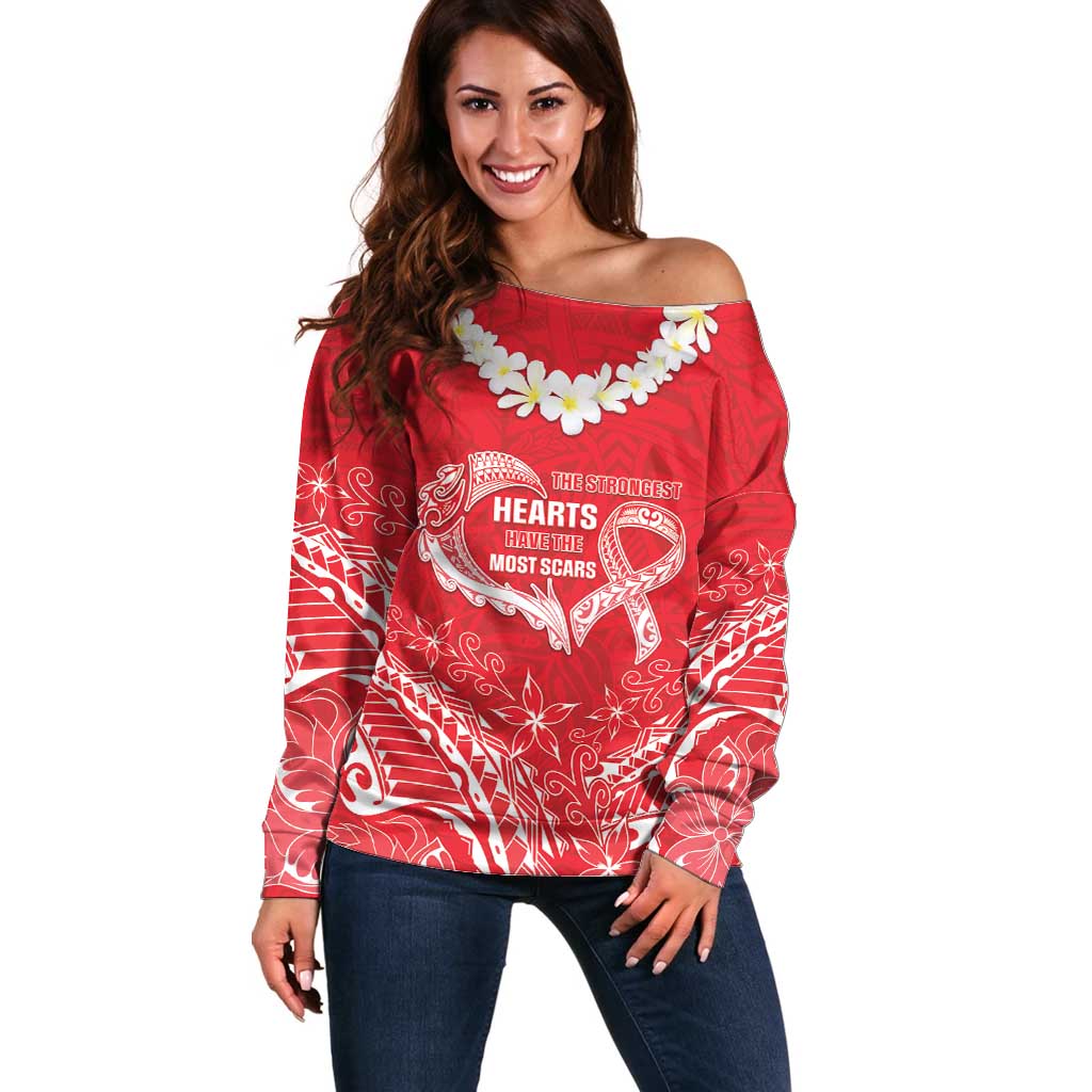 Heart Health Awareness Off Shoulder Sweater Polynesian Red Ribbon