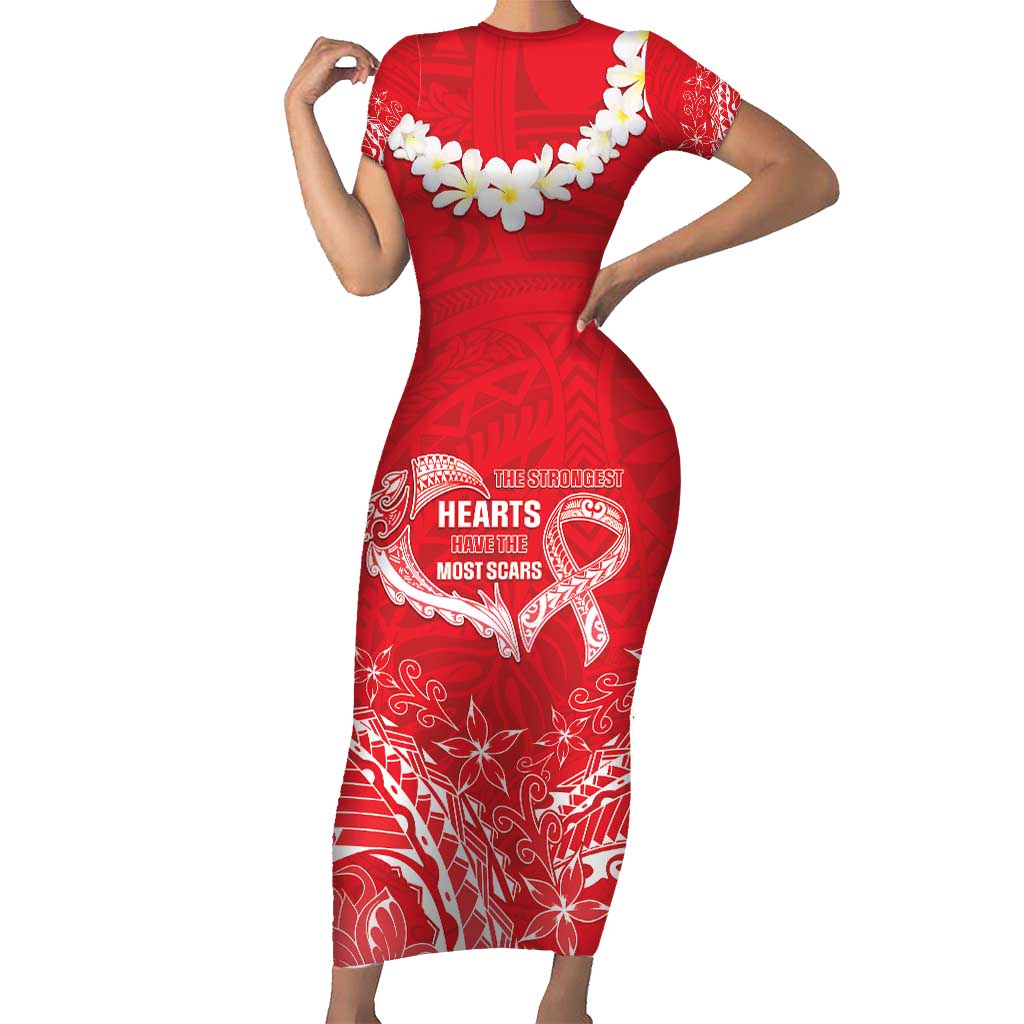 Heart Health Awareness Short Sleeve Bodycon Dress Polynesian Red Ribbon