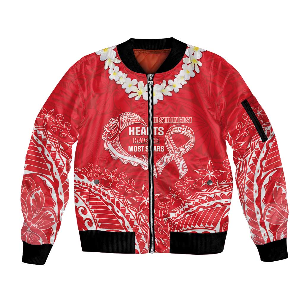 Heart Health Awareness Sleeve Zip Bomber Jacket Polynesian Red Ribbon
