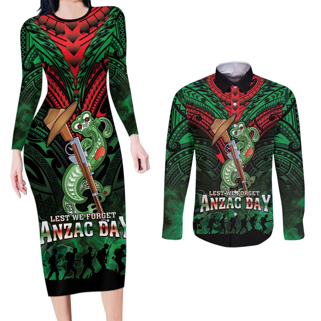 New Zealand ANZAC Day Couples Matching Long Sleeve Bodycon Dress and Long Sleeve Button Shirt Aotearoa Hei Tiki