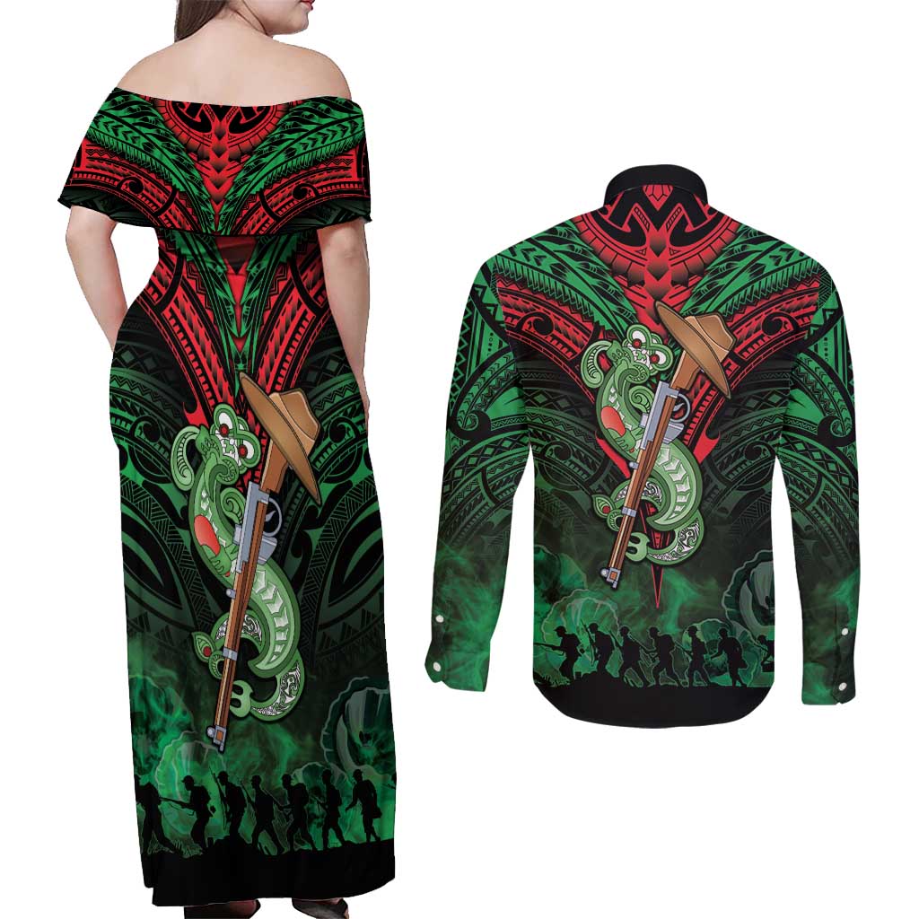 New Zealand ANZAC Day Couples Matching Off Shoulder Maxi Dress and Long Sleeve Button Shirt Aotearoa Hei Tiki