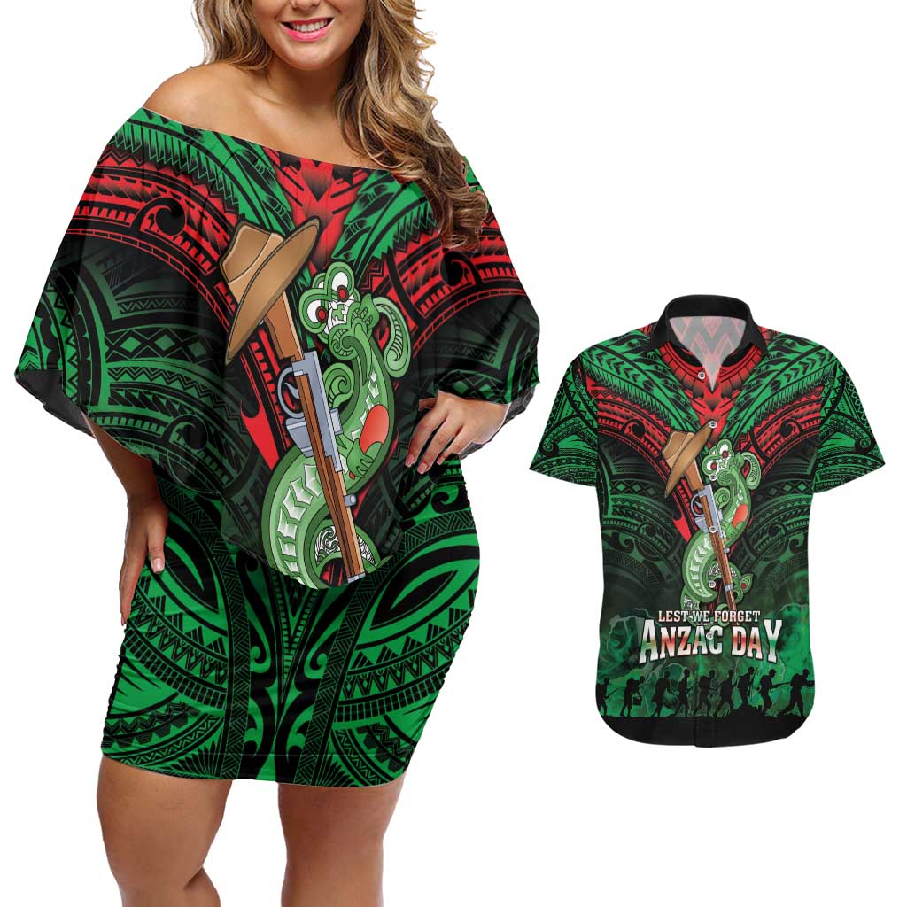 New Zealand ANZAC Day Couples Matching Off Shoulder Short Dress and Hawaiian Shirt Aotearoa Hei Tiki