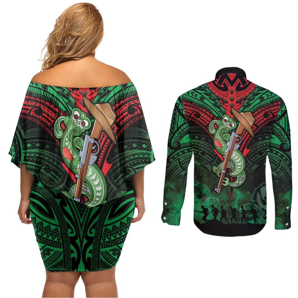 New Zealand ANZAC Day Couples Matching Off Shoulder Short Dress and Long Sleeve Button Shirt Aotearoa Hei Tiki
