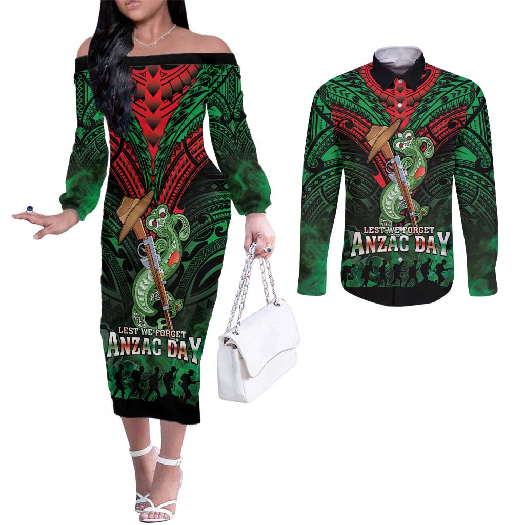 New Zealand ANZAC Day Couples Matching Off The Shoulder Long Sleeve Dress and Long Sleeve Button Shirt Aotearoa Hei Tiki