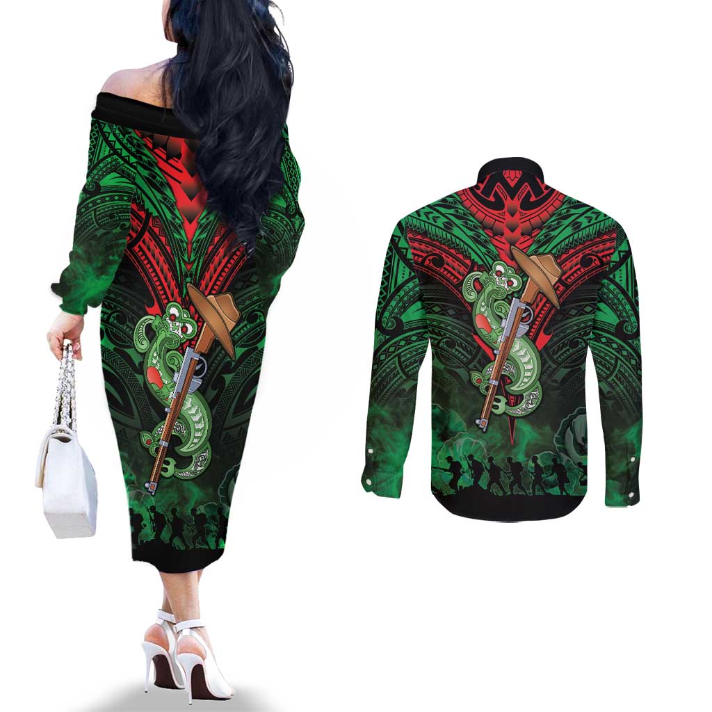 New Zealand ANZAC Day Couples Matching Off The Shoulder Long Sleeve Dress and Long Sleeve Button Shirt Aotearoa Hei Tiki